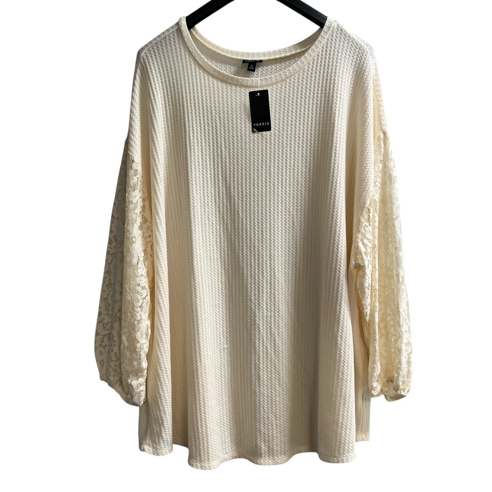 Torrid Top Womens 4X Ivory Waffle Knit‎ Sheer Lace Sleeves Tunic Boho Hippie